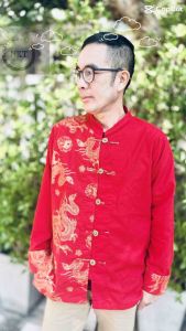 สื้อคอจีน มังกรทอง ทูโทน แขนยาว ใส่ได้ ช/ญ ㊗️เนื้อผ้า