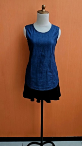 atasan wanita biru denim DUST cewek S cute blouse santai kutung
