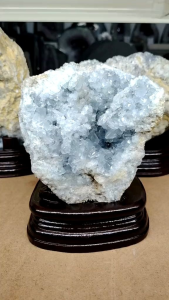 Natural High Grade Madagascar Celestite Crystal Ornament C22 on wooden stand light blue crystals decorative collectible.