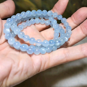 Gegegems Collection 7.2mm natural Aquamarine Icy blue with cateye sheen necklace 3 loops bracelet [Natural Crystal] 精品海蓝宝冰蓝猫眼项链三圈手链