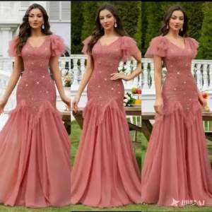 Sequin Lace Contrast Mesh V-Neck Ruffle Sleeve Pleated Hem Evening Party Maxi Dress Elegant