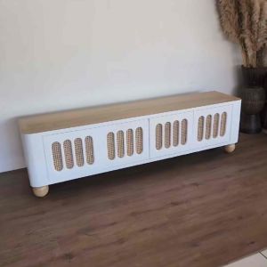 (รอทำ 25 วัน) ไซด์บอร์ดไม้สักแท้ ชั้นวางทีวีไม้สัก กว้าง 200 x สูง 55 x ลึก 45 cm. Teak Wooden Cabinet Sideboard White Color.