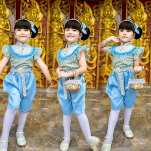 ชุดไทยเด็กหญิงสีฟ้าใส่วันแม่ ชุดไทยเด็กหญิงสีชมพู สวยละมุนลายดอก สุดน่ารัก