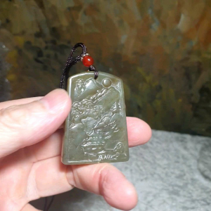 Natural Nephrite Caramel brownish greenish Chinese Landscape pendant (with certificate) 和田玉且末糖青白玉山水吊坠(带证书)