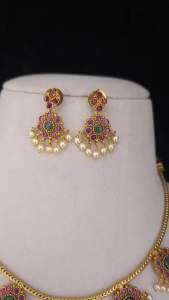 Sg readystock Gold necklace with green gemstones and pearl accents paired with matching earrings. Indian minimalist jewellery