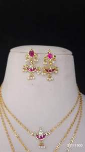 Sg readystock Gold layered necklace set with pink and white stones. Three necklaces with crescent moon pendants. Matching earrings with pink stones. Indian minimalist jewellery