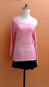 atasan kaos sabrina rajut wanita pink muda pastel COTTON CLUB cewek M L XL cute MEWAH lengan panjang santai