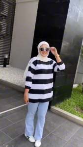 Kaos strip lengan 7/8 kerut balon / atasan oversize wanita lengan balon / kaos tshirt wanita setripe polos oversize Aldira terbaru