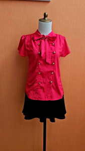 atasan kemeja wanita merah S M pita depan cute lengan pendek kerja kuliah