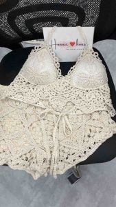 set bikini len móc thiết kế gồm áo bra ziczac mix quần sooc ren