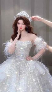 Cặp ống tay đính lông rời phối váy cưới đầm tiệc tạo kiểu