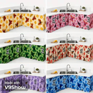 Amandas Curtain Shop undersink curtain Parfala design 60×30 inches in yellow pink green red purple and blue butterfly patterns for kitchen sink area.