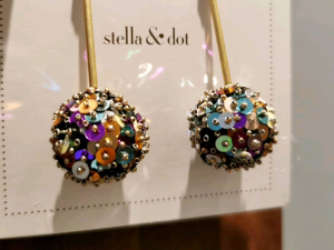DaVee | Sequin spherical drop earrings brass tone rod earrings with iridescent confetti sequin balls earrings