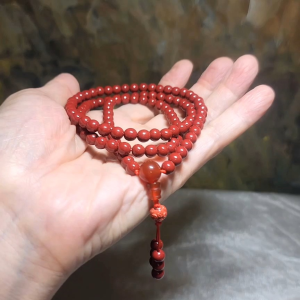 Premium Cinnabar beads 6.2mm 108 & 7.5mm carved Copper Coins and Red Agate Hulu centrepiece necklace