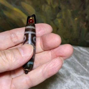 49.8mm aged Tibetan Xang Xung (Zhang Zhung) 6 Eyes Prosperity Longevity blue hue with red spots Dzi pendant (with certificate) 西藏老矿象雄蓝沁满朱砂龟背长寿富甲天下六眼天珠(带证书)