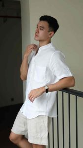 DODEP Áo sơmi nam cổ trụ 100% linen premium tay ngắn