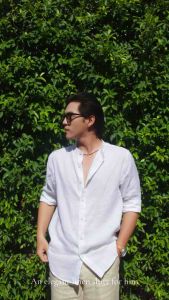 DODEP Áo sơmi nam 100% linen premium tay dài cổ trụ màu trắng