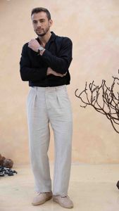 DODEP Quần dài nam 100% linen premium xếp ly màu muối tiêu xanh cổ vịt