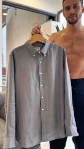 DODEP Áo sơmi nam 100% linen premium cổ button-downed tay dài màu xám trắng