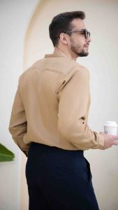 DODEP Áo sơmi nam cổ trụ 100% linen premium tay dài màu cafe bạc hà