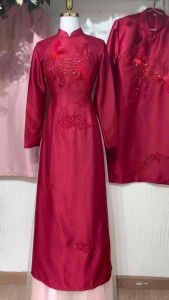 [ HÀNG ORDER - KHÔNG SẴN ] CẶP ÁO DÀI ĐỎ ĐÔ NAM TAFTA NỮ LỤA VÂN GỖ ĐÍNH KẾT HẠT PHỤNG MÂY CAO CẤP MẶC CƯỚI HỎI  DẠM NGỎ