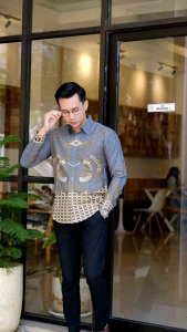 Kawung abu kemeja lengan panjang batik solo lapis furing