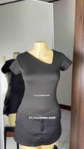 RYLIE FULL LENGTH TOP DOUBLE LINING FRONT ONE SIDE NOTCHED Womenswear Lady Plain Comfortable Short Sleeve Basic Cotton Spandex