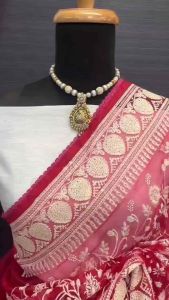 (Pre order) Pure soft organza silk saree with heavy viscose thread embroidery work jhal nd borders with crocea ton to ton lace border