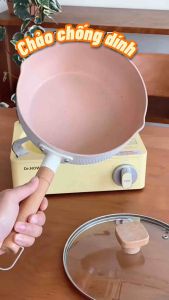 Chảo Đá Chống Dính Sâu Lòng 18cm Chảo Chiên Xào Nấu Đa Năng Tay Cầm Gỗ Dài Pastel
