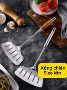 [HCM]Xẻng lật - Chiên Thịt Cá Inox 304 -Xẻng Inox 304 Dụng Cụ Nhà Bếp Chiên Xào Chống Trơn Tay Cầm Dài Đế có Rãnh.