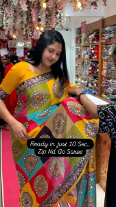 ( Peroder)  Digital print with  mirror work of Zip Gown  Saree