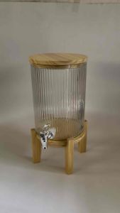 Galon Dispenser Kaca Bulat Cranberry 5 Liter Tutup Kayu & Kaki Kayu