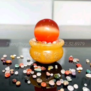 (Chiêu tài) Bát tụ bảo kèm quả cầu mắt mèo để bàn thần tài bàn làm việc