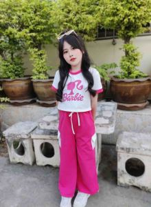 ชุดเซ็ต 2ชิ้น เสื้อแต่งคอ/แขน สกรีนกลางอกน่ารักสดใส