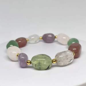 MEG Tumbled Harmony Spectrum bracelet with amethyst clear quartz strawberry quartz aventurine rose quartz and prehnite beads.