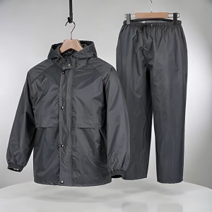 Grey Hooded Rain Suit Jacket and Pants Set with Storage Bag
