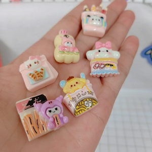 6pcs Cute Cream Glue Resin Charm Diy Phone Case Keychain Gift Kids themed food figurines with cute animal designs.Bow cake waffle ramen panda and octopus shapes. Perfect for display or as a collectible DC1256