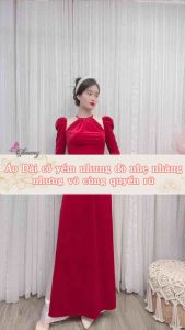 Áo dài nhung cổ yếm xẻ vai tay bồng dài CHAANG may sẵn dáng cách tân truyền thống dự tiệc lễ tết đẹp ADC608