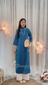 Áo dài cách tân nữ gấm xanh navy dáng suông xưa Chaang may sẵn áo dài bầu xuông rộng dự tiệc cưới lễ tết đẹp ADC755