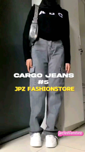 celana kargo jeans wanita higwaist korean style