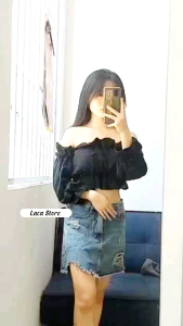 Áo croptop dài tay trễ vai siêu yêu áo kiểu bẹt vai tay phồng LaCa Store A11-2