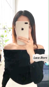 Áo Trễ Vai Chất Len Tăm Dài Tay Áo Kiểu Bẹt Vai Quyến Rũ LaCa A26-1