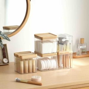 Bamboo Natural Wood Desktop Storage Box Makeup Brush Holder 16 Holes Organizer Box Lipstick Storage with Dividers Phone Holder