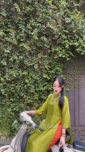 Áo dài Gấm Xanh Cốm cách tân nữ Lê Hà Trúc dáng suông xưa Chaang may sẵn áo dài xuông bầu dự tiệc cưới hỏi lễ tết đẹp ADC768