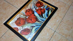 Hiasan dinding lukisan cetak Bunga mawar merah merona plus bingkai ukuran 45x65cm