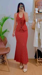 Zobel Halter Neck Breasted Vest & Stripe Mermaid Skirt Terno