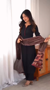 Black Rayon Kurta Set with Red and White Patterned Dupatta and Pants.