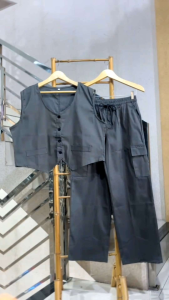 Setelan Wanita Jumbo Tamera Vest+Kulot Kargo Katun Twill Fashion Kekinian