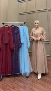 SPASSY | Kamari Dress Pesta Lebaran Set Jilbab Segiempat / Dress Wanita LD 120 cm Tile Sparkling mix Ceruty Full Furing Model Line A Mayung Lengan Panjang Resleting Belakang