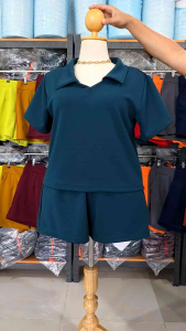 ชุดเซ็ทสาวอวบ เสื้อคอปก+กางเกงสม็อคหลัง ผ้าวูลเวฟ กางเกงมีกระเป๋า 2 ข้าง